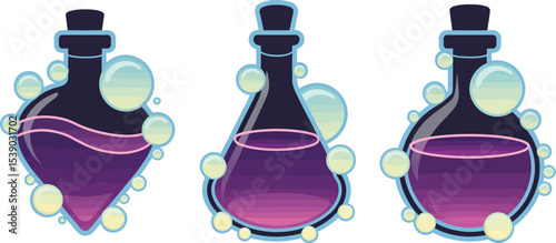 Potion bottles vector illustration magic elixir liquid fantasy game asset design element isolated set of three editable stock vector illustration