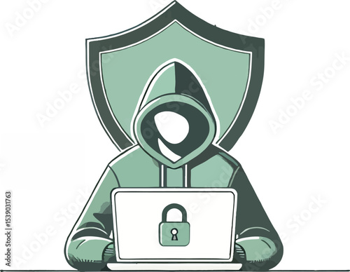 Cybersecurity hacker icon with shield and laptop representing online data protection and digital safety