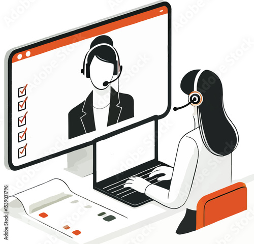 Customer service representative working with a client via online video conference on laptop