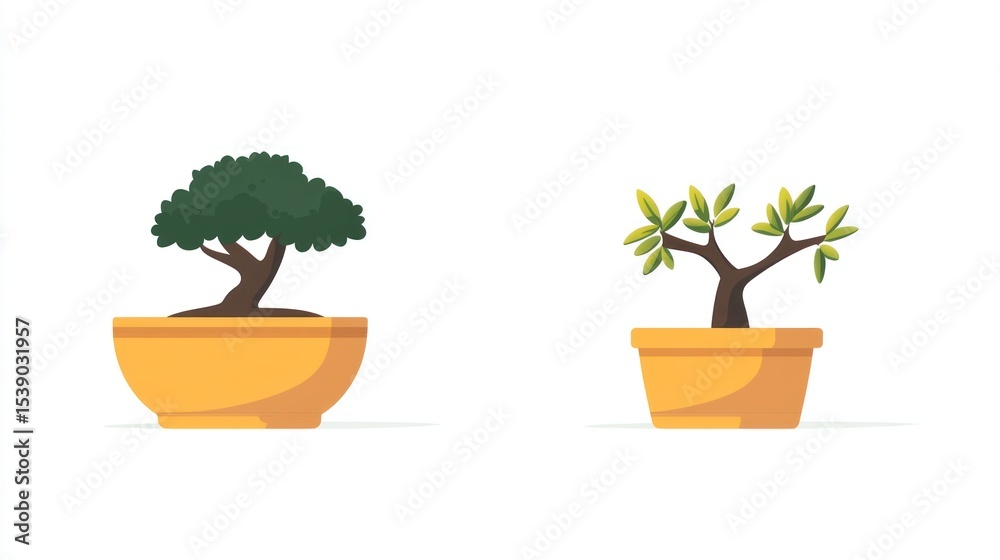 Fototapeta premium Two cartoon bonsai trees in pots, one with dark foliage, the other sparse, simple art