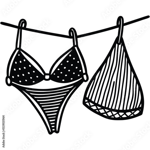 Women's bra and panties hanging on a rope. Swimwear or underwear, lingerie hanging and drying. Hand drawn modern Vector illustration