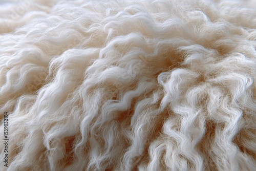 Ultra-detailed macro texture of soft curly fleece in warm cream tones. Natural wavy wool fibers forming an abstract landscape of fluffiness
