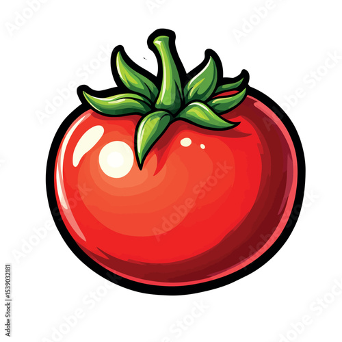 A Shiny Red Ripe Tomato Vector Sticker with Green Leaves Freshness
