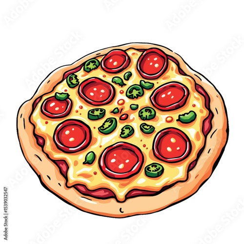 A Delicious Pepperoni Pizza with Jalapenos Illustration for Vector Sticker Design