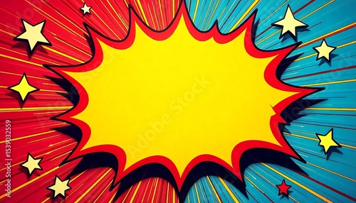 Colorful comic pop art boom explosion background, vibrant superhero theme sign frame, announcement, created with generative ai