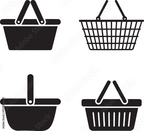 Shopping basket silhouette & outline set vector illustration isolated On Transparent Background