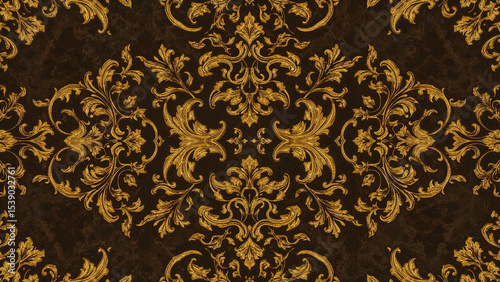 Elegant Gold Damask Pattern on Dark Background Luxurious Baroque Design Texture