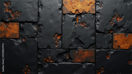 A close-up, high-definition shot of a rustic stone wall, featuring irregularly shaped, dark charcoal grey and weathered, earthy orange stones. The texture of the individual stones is highly visible.