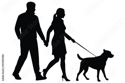 Silhouette couple walking dog vector illustration