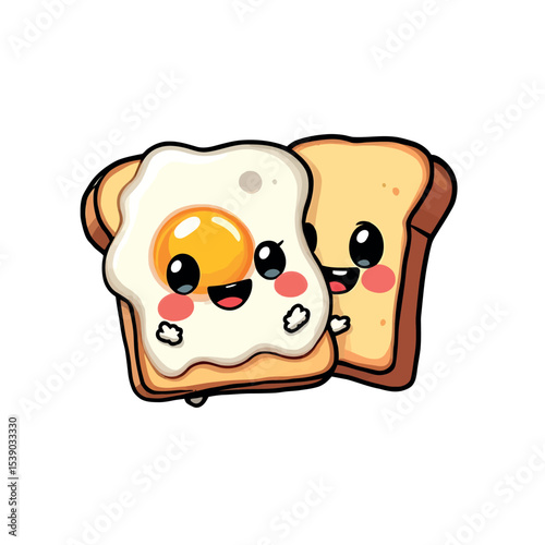 Smiling Fried Egg on Toast and Bread Friends Cute Vector Sticker