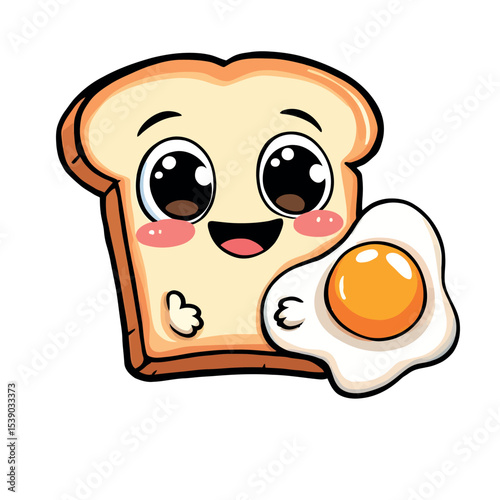 Cute Kawaii Toast Character Holding a Fried Egg Vector Sticker Illustration