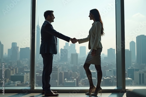 Businessman and Female Applicant Seal Deal Atop Highrise Overlooking Cityscape