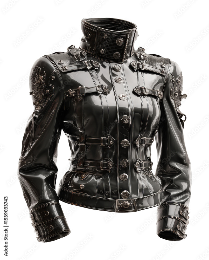 Fototapeta premium Futuristic fashion statement black leather jacket studio product minimalist style cut out png