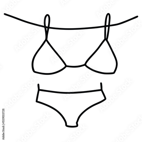 Women's bra and panties hanging on a rope. Swimwear or underwear, lingerie hanging and drying. Hand drawn modern Vector illustration