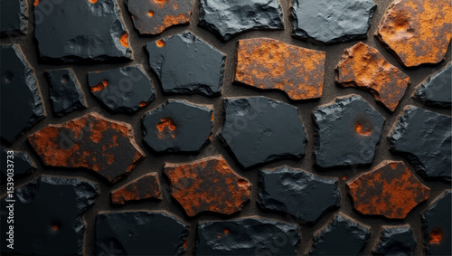 A close-up, high-definition shot of a rustic stone wall, featuring irregularly shaped, dark charcoal grey and weathered, earthy orange stones. The texture of the individual stones is highly visible.