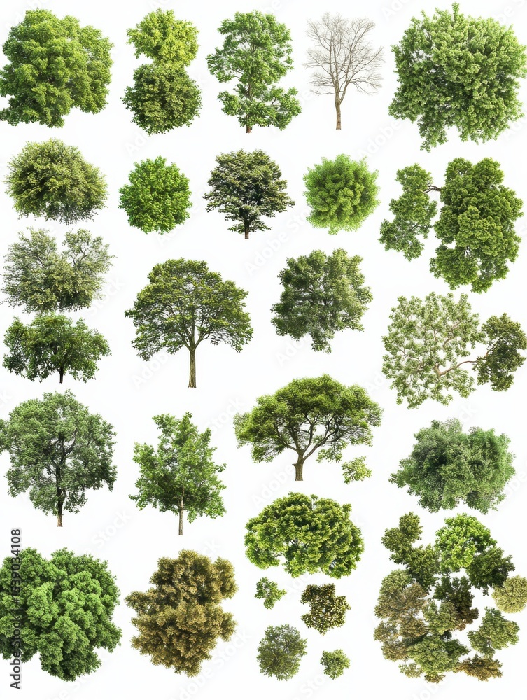 Fototapeta premium Aerial view collection of various trees on white background