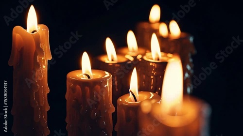 A lot of burning candles in the temple. The concept of religion, prayer and God. Close-up of the flame burning on the candle with isolated on a black background. Memorial Day with in the church.