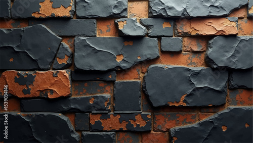 A close-up, high-definition shot of a rustic stone wall, featuring irregularly shaped, dark charcoal grey and weathered, earthy orange stones. The texture of the individual stones is highly visible.