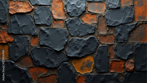 A close-up, high-definition shot of a rustic stone wall, featuring irregularly shaped, dark charcoal grey and weathered, earthy orange stones. The texture of the individual stones is highly visible.