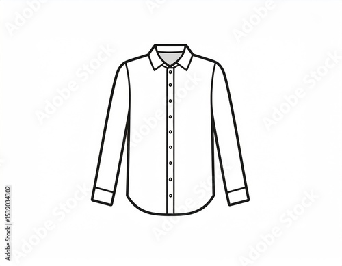 Outline drawing of a long-sleeved button-down shirt.  Simple,  technical illustration of a classic men's shirt.  Features a collared neckline,  long sleeves, and button closure.  