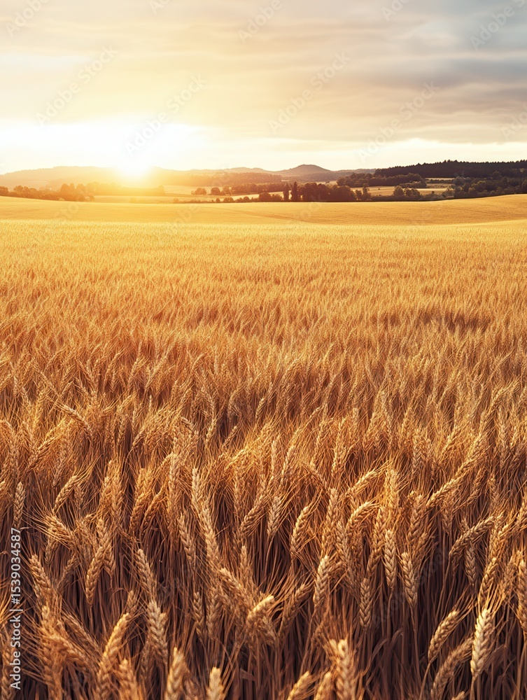 Obraz premium This image captures a golden wheat field bathed in the warm glow of sunset, showcasing a vast and serene scenic landscape with a distant horizon and rolling hills.