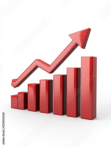 Red arrow curving upwards with bar chart in background, indicating growth and positive trend on a white backdrop. Showing progress.