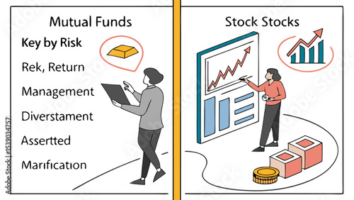 Illustration comparing mutual funds and stock stocks with people analyzing data and financial growth charts