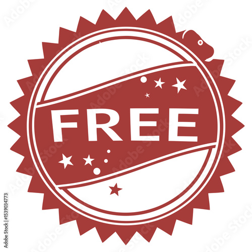Bold red free label with starry circular emblem for promotions and discounts