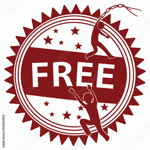 Freedom symbol, red badge with 'FREE' and breaking chains design
