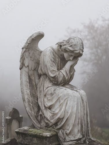 Marble statue of grieving angel, memorial slab monument on background of old cemetery in fog. Vertical template of sadness and grandeur of religion architecture for death ceremony and funeral service