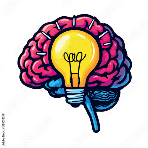 Brain with a bright idea in the form of a lightbulb vector