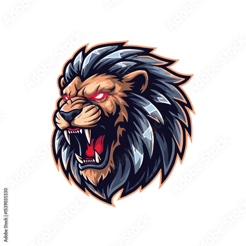 A fierce and intimidating lion head illustration, featuring intense glowing red eyes, sharp fangs, and an open, roaring mouth. Its dark mane with grey highlights adds to its powerful and aggressive pr