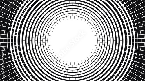 Abstract black and white circular pattern design with concentric circles and radial lines art 100 char editable stock vector illustration