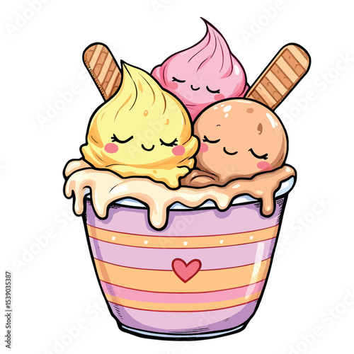 Cute Cup Of Ice Cream With Different Flavors Sticker Vector Art
