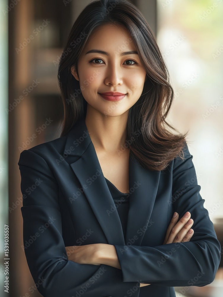 Fototapeta premium Confident asian businesswoman in office. Smiling female entrepreneur in formal suit with arms crossed. Successful woman manager, business coach poses in office interior. Modern leadership.