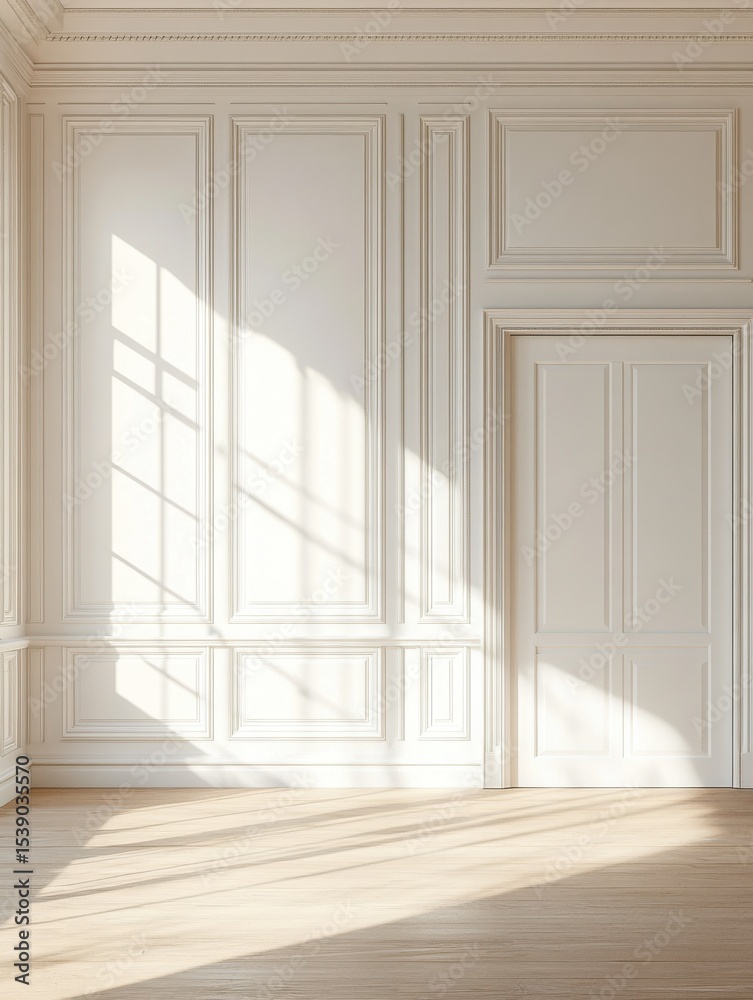 Fototapeta premium Sunlit elegance: Spacious room interior with classic white wall panelling