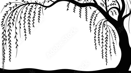 Black and white willow tree vector illustration silhouette nature art design graphic background drawing 100 editable stock vector illustration