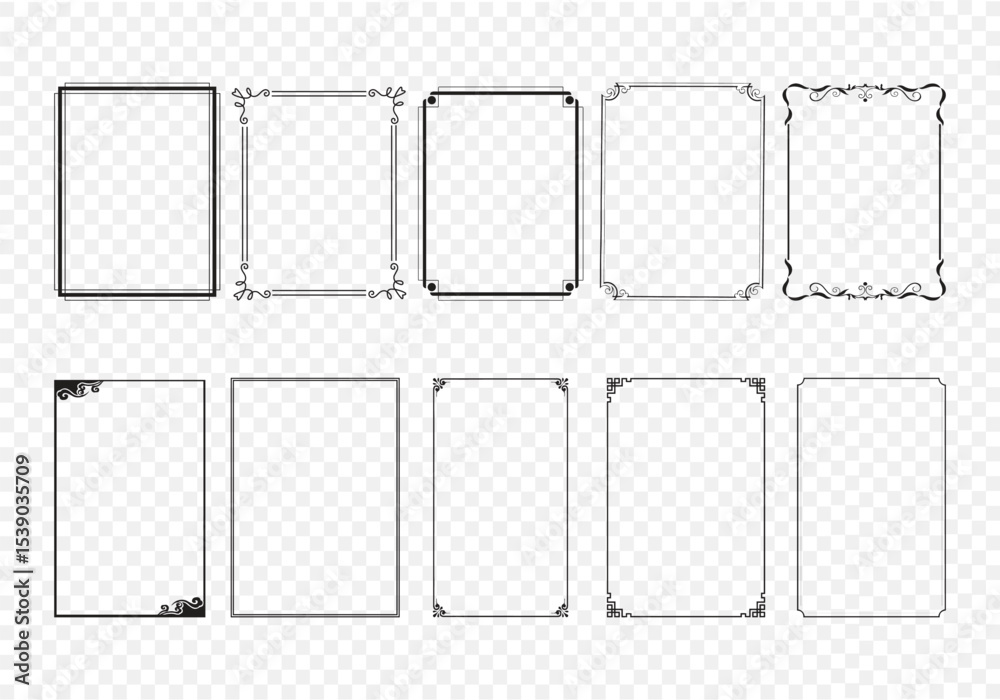 Frame thin line, simple border icon, rectangle shape vintage box, minimal black decoration element, editable stroke. Geometry retro outline banner set isolated on white bg. Classic vector illustration