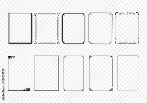 Frame thin line, simple border icon, rectangle shape vintage box, minimal black decoration element, editable stroke. Geometry retro outline banner set isolated on white bg. Classic vector illustration