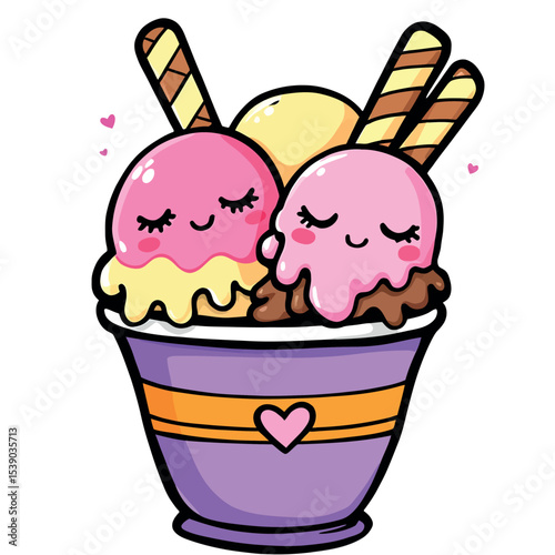 Delicious and Cute Ice Cream Sundae Vector Sticker Perfect for Summer Fun