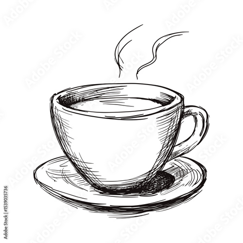 Hand-drawn coffee cup with steam on saucer sketchy concept  