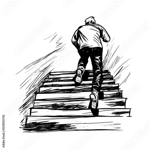 Man climbing stairs in sketchy style  