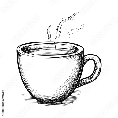 Sketchy illustration of a steaming coffee cup on a white background  
