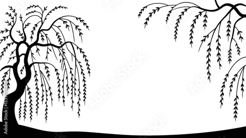 Black and white weeping willow tree silhouette vector graphic design nature illustration landscape art 100 editable stock vector illustration