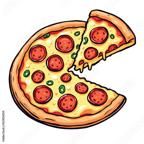 Delicious Pizza Illustration with Pepperoni and Jalapeños Vector Sticker Design