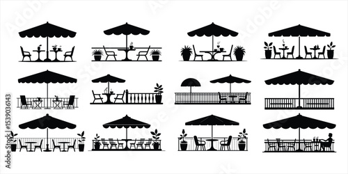 outdoor café set vector silhouette on white background.