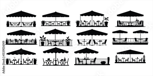 outdoor café set vector silhouette on white background.