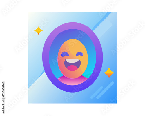 A vibrant emoji mirror with a silly face design placed on a gradient backdrop of blues and purples