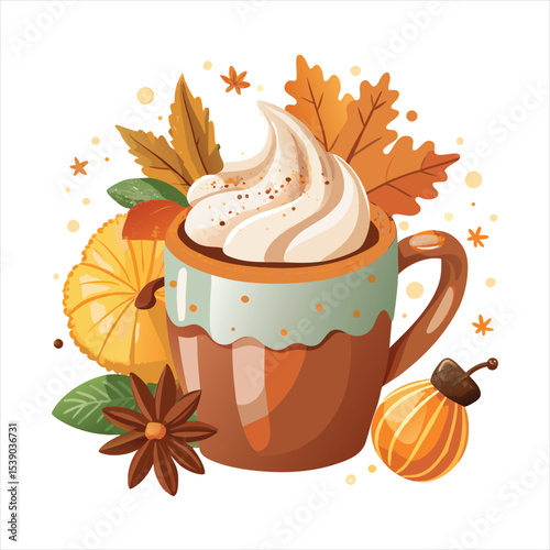 Cozy Autumn Hot Drink Mug with Whipped Cream and Fall Leaves Vector Illustration