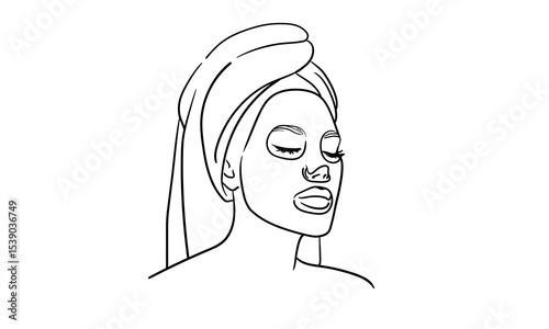 Girl applying moisturizing sheet mask on face, in profile, continious line drawing. Spa salon, body care, beauty routine outline. Vector illustration